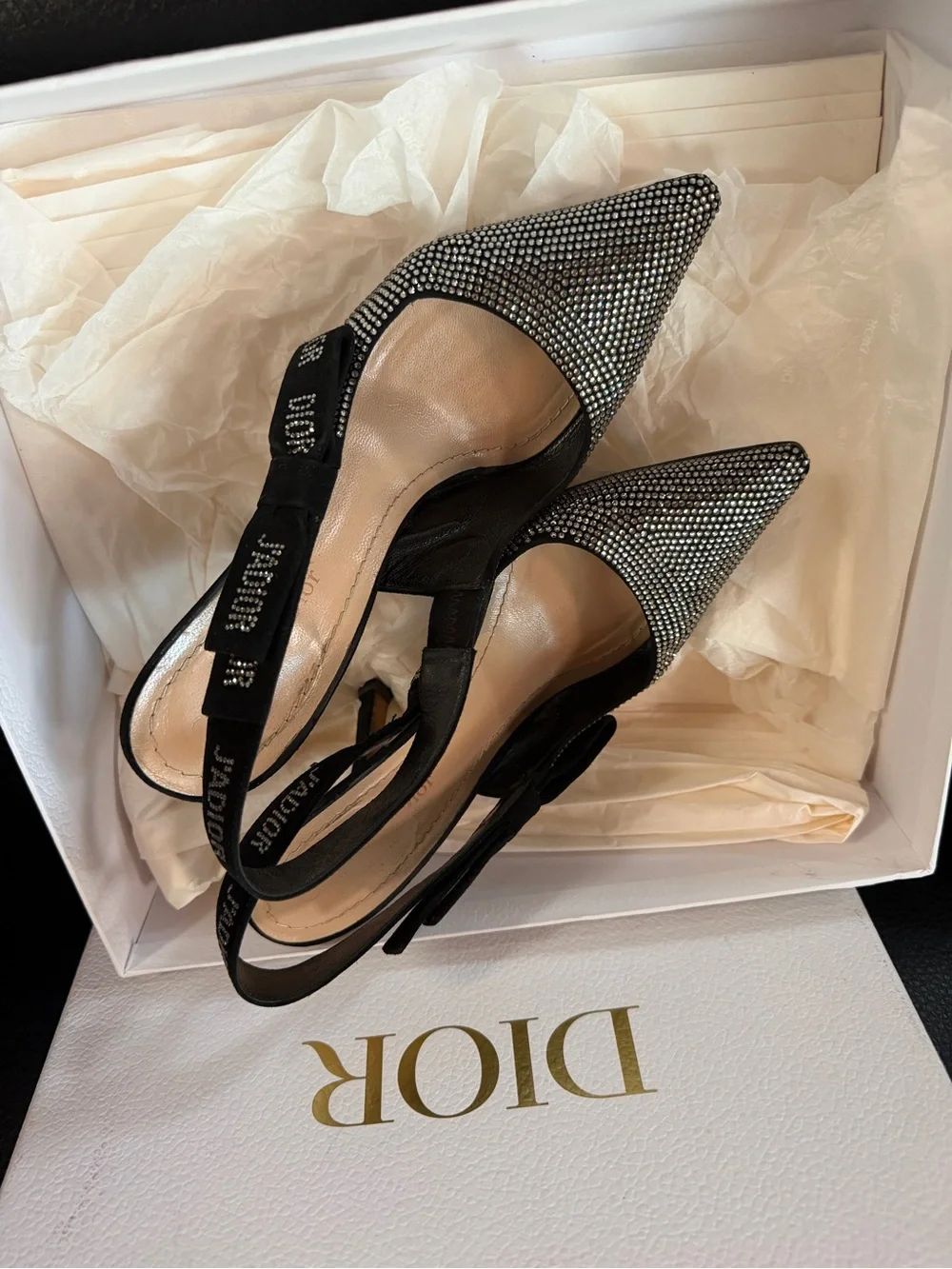 Dior Black Crystal Slingback Pumps with Logo Strap